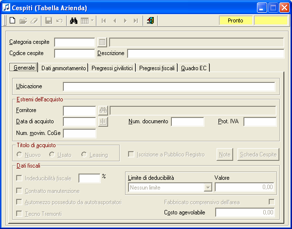 Tabella azienda cespiti La tabella contiene gli elementi identificativi del singolo cespite.