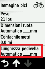 PUNTO 6 Inserire la lunghezza della pedivella Per Edge 810 e 510 Profilo Bici->Bici-Lunghezza