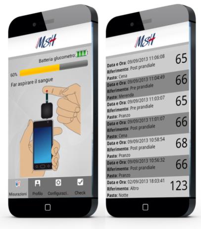 MSH MOBILE Dispone di una guida visiva e uditiva, per guidare l utente nella esecuzione della misurazione e caratterizzazione del dato glicemico.