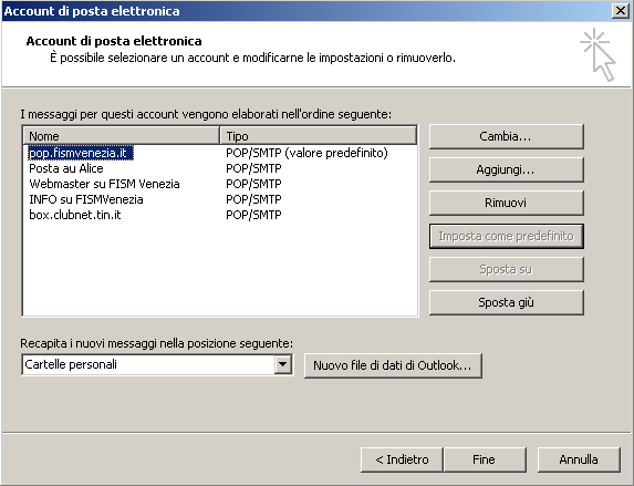 Scelta dell account predefinito : Mentre la posta in arrivo viene ricercata su tutti gli account attivi, quella in partenza utilizza di preferenza l account predefinito.