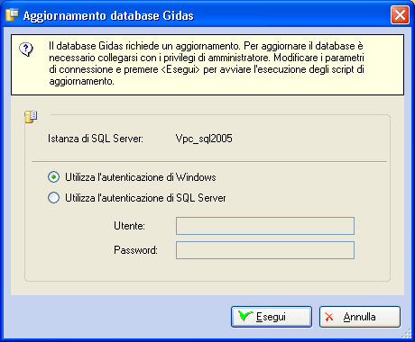 ATTENZIONE Per aggiornare il database è necessario collegarsi con diritti di amministrazione sull istanza di SQL Server che contiene il database Gidas.