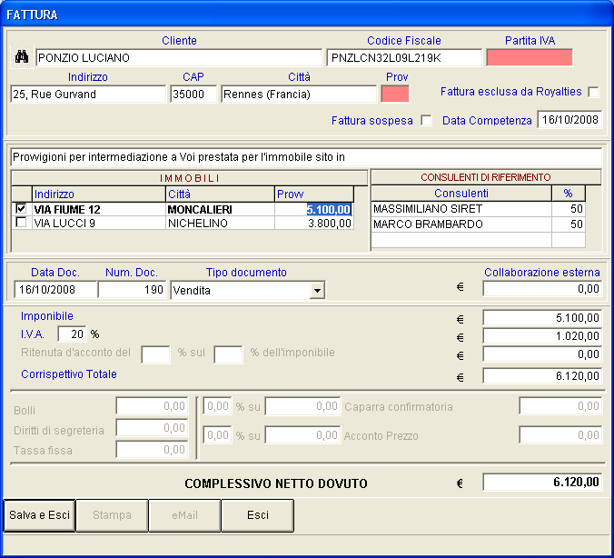 Figura 1 Fattura a cliente Per sospendere una fattura o escluderla da Royalties Si seleziona un immobile per fattura Si abbinano dei consulenti con relativa % alla transazione Calcolo automatico