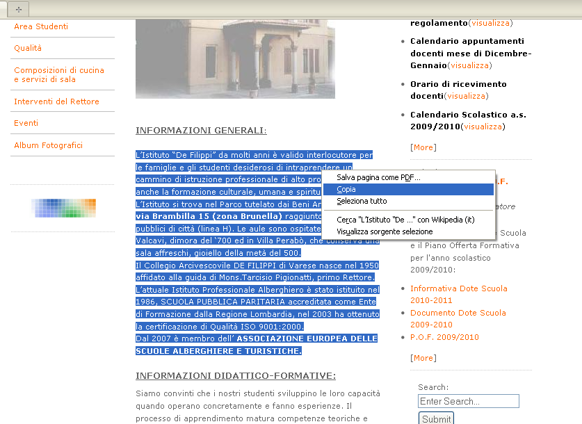 COPIARE DEL TESTO PRESENTE IN UNA PAGINA WEB Selezionate il testo che volete copiare Fare clic con il tasto destro del mouse sul testo selezionato