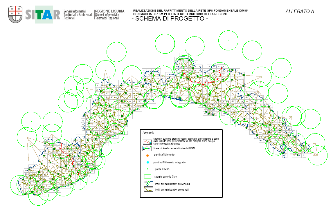 Rete di raffittimento di IGM95 per la Regione Liguria Maglie di progetto iniziale di 7 km, poi integrate sino