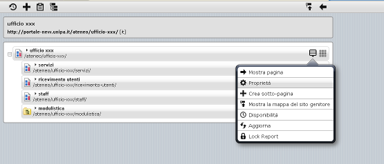 FIG. 3 Cliccando sul menù contestuale del sotto-sito considerato (in questo caso ufficio xxx), indicato dall icona, si apre un menù nel quale va selezionata la voce proprietà (FIG.4). FIG.