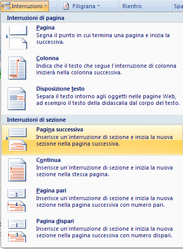 1. Per inserire questo tipo di interruzione posizionare il cursore all'inizio di quella che dovrà essere la nuova sezione; 2.