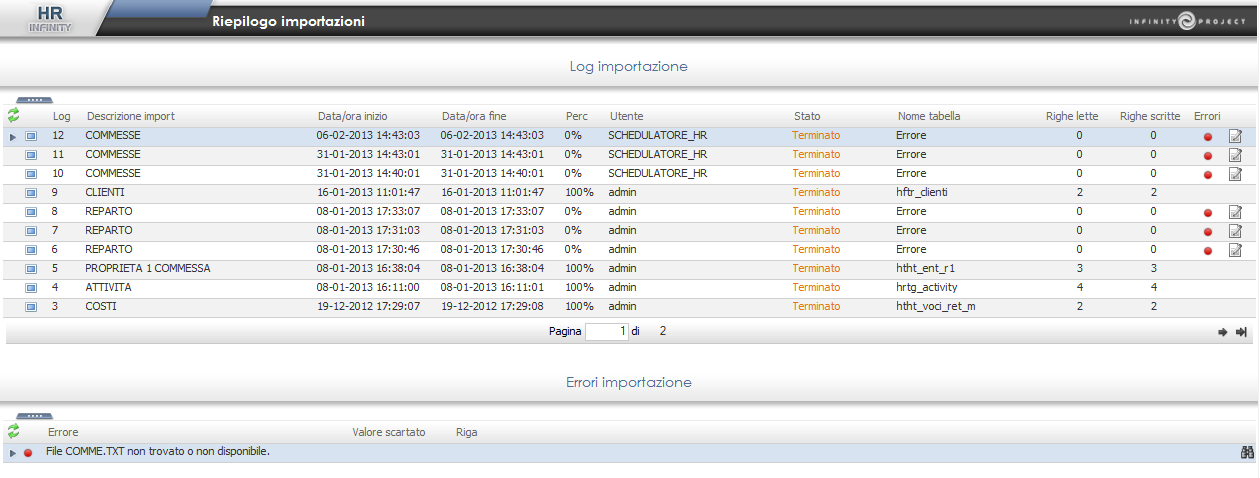 Log import Permette di visualizzare i log delle varie importazioni effettuate. Gli import possono essere schedulati.