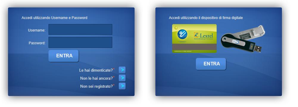 Registrazione al Punto di Accesso Lextel Vengono ora mostrate le due modalità di autenticazione disponibili: Accesso con Username e Password Permette di accedere senza l utilizzo della firma digitale