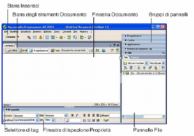 Layout dell area di lavoro In Windows, Dreamweaver fornisce un layout che integra tutti gli elementi in una sola finestra.