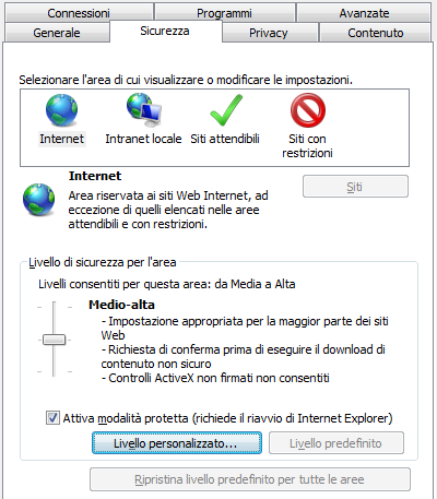 Internet Explorer permette, con la scheda Sicurezza in Opzioni Internet, di impostare restrizioni alle attività nei siti. È possibile impostare quattro aree di sicurezza.