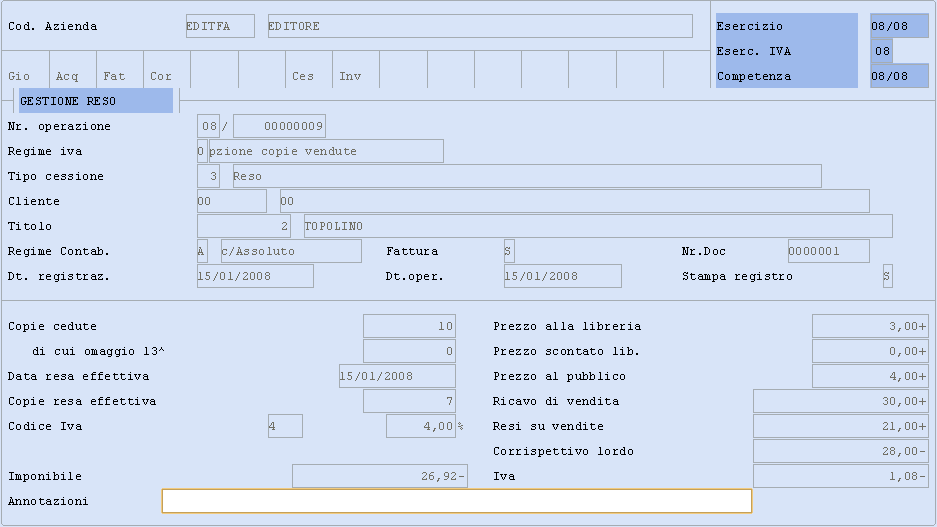 Le funzionalità di inserimento dei dati del reso, per quanto attiene al regime dell opzione per le copie cedute prevede l indicazione dei dati relativi all IVA da stornare con segno (-).