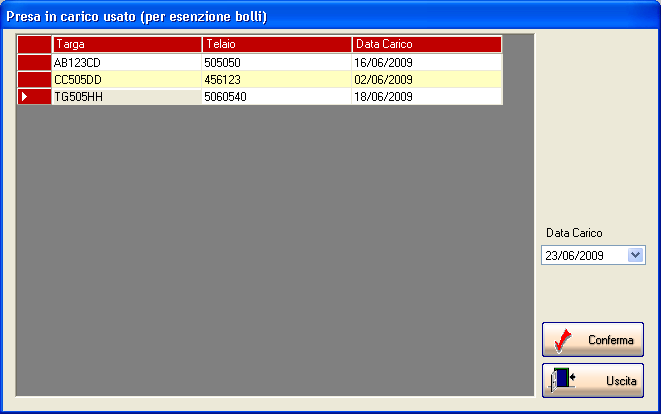 Presa in carico usato (per esenzione bolli) Selezionare la funzione dal menù principale la voce corrispondente.