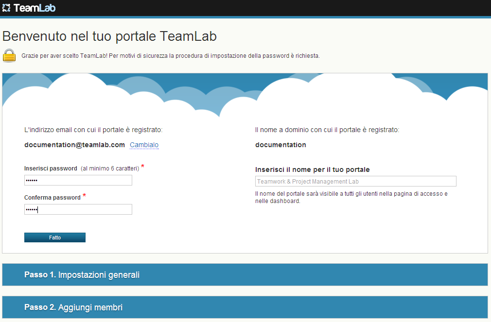 Configurazione delle impostazioni della versione server express di TeamLab Per iniziare a lavorare nel portale segui le istruzioni di aiutante TeamLab e configura le seguenti impostazioni: 1.
