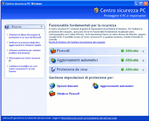 Centro Sicurezza PC Windows Consente di migliorare la protezione del computer controllando lo stato di varie funzionalità fondamentali come: -