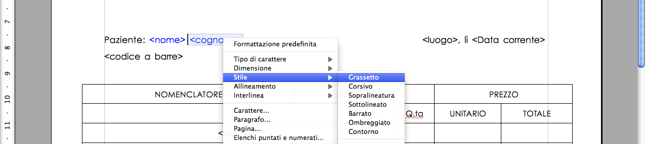 diversamente rimandiamo alla guida di OpenOffice. 2. Selezioniamo il testo, inclusi i caratteri < e >, nel nostro esempio selezioniamo il testo <cognome>. 3.