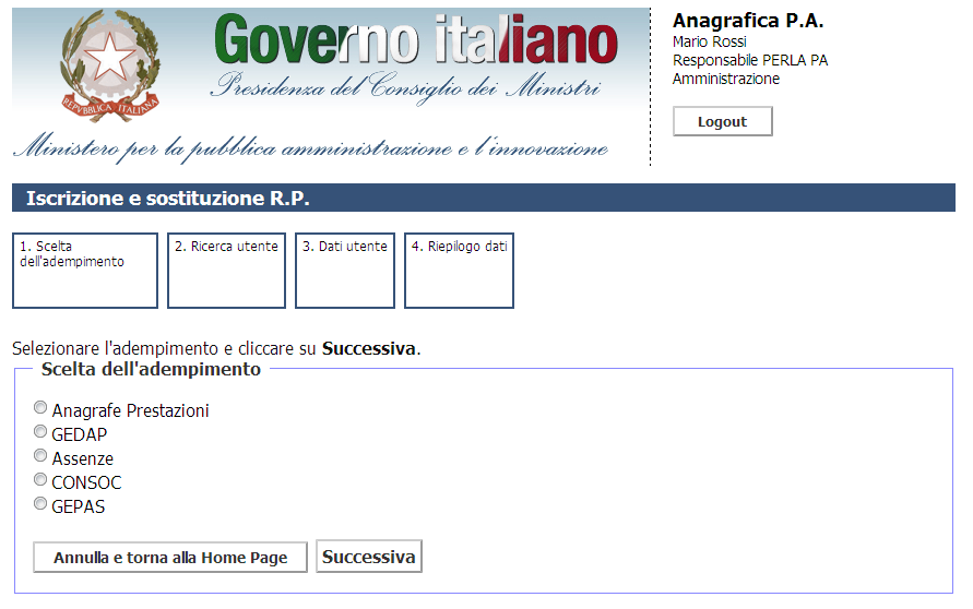 6. Gestione degli utenti Presidenza del Consiglio dei Ministri Per ogni adempimento è possibile nominare gli utenti semplici aventi il semplice ruolo di comunicazione dei dati a qualsiasi livello