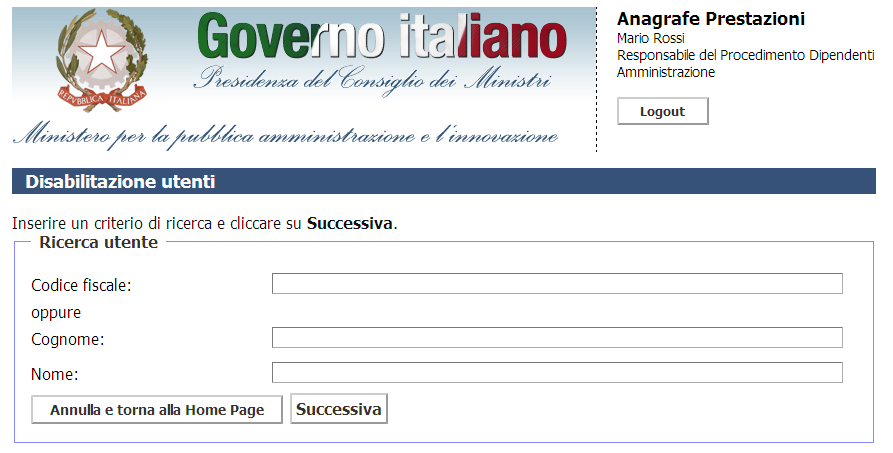 6.4 Disabilitazione degli Utenti Semplici La disabilitazione degli utenti semplici comporta l impossibilità per gli stessi di accedere al sistema per comunicare i dati; se l utente dispone di più