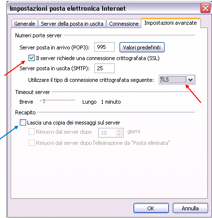 Pag. 18 di 25 Selezionare: Il server richiede una connessione crittografata SSL Server posta in uscita (SMTP): 25 Tipo di connessione crittografata: TLS E inoltre possibile decidere se lasciare una