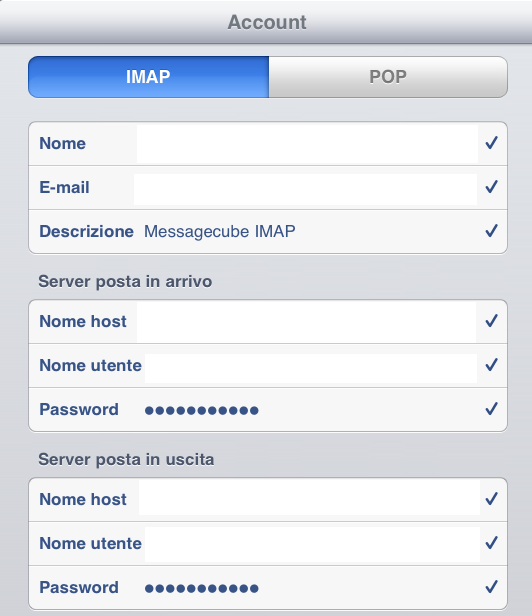 Indicare il profilo IMAP e quindi inserire i parametri di configurazione come indicato in figura: Nome Cognome