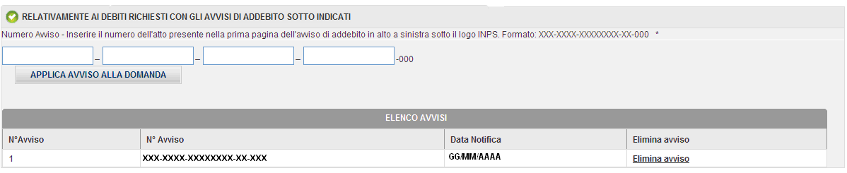 Nella quarta sezione l utente dovrà inserire il numero dell atto relativo agli avvisi di addebito per cui intende richiedere la sospensione.