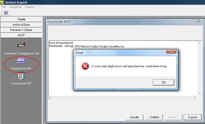 7. Generazione file XML menu AVCP/Esportazione XML Questa procedura genera il file XML. Il file viene salvato in locale, nella cartella C:\AXIOSDATA\EXPORT\AVCP. Il nome del file è AVCP2013.