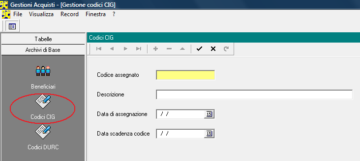 5. Inserimento CIG menu Archivi di Base / Codici CIG La maschera Gestione Codici CIG riporta i dati minimi dei CIG: codice, data assegnazione, descrizione, data scadenza.