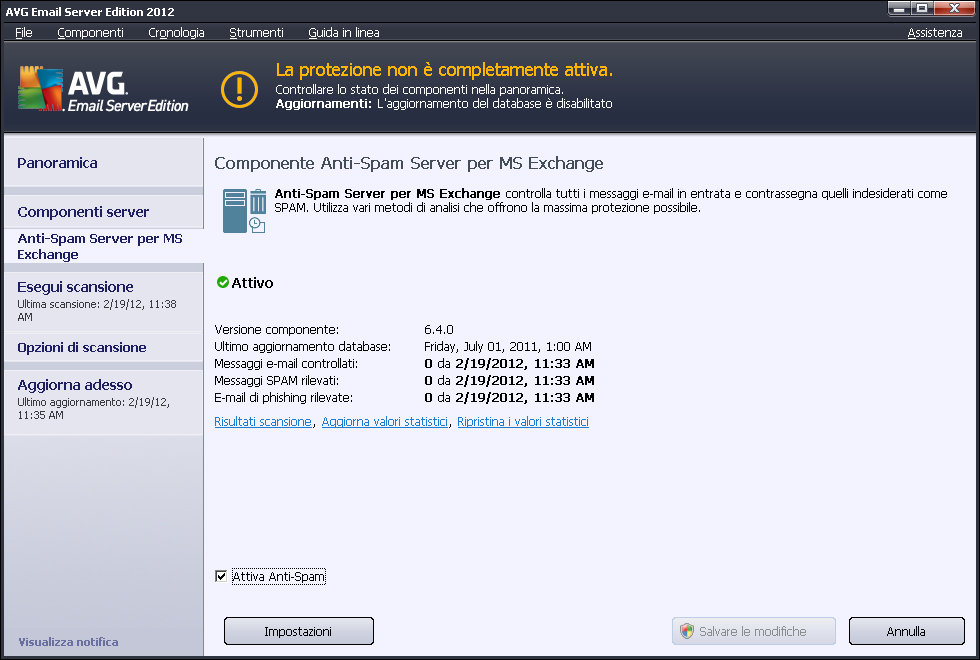 7. Configurazione dell'anti-spam 7.1. Interfaccia dell'anti-spam La finestra di dialogo del componente server Anti-Spam è disponibile nella sezione Componenti server (menu a sinistra).