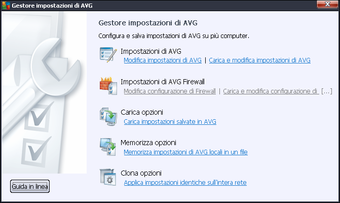 8. AVG Settings Manager AVG Settings Manager è uno strumento adatto soprattutto alle piccole reti che consente di copiare, modificare e distribuire la configurazione di AVG.