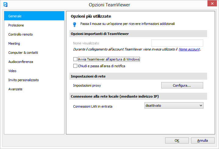 Opzioni 13 Opzioni Per accedere alle opzioni, fare clic su Extra Opzioni nella finestra principale di TeamViewer. Si aprirà la finestra Opzioni TeamViewer.