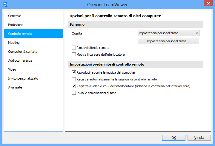 Opzioni 13.3 Categoria Controllo remoto Nella categoria Controllo remoto, si possono preimpostare le configurazioni per le sessioni di Controllo remoto.