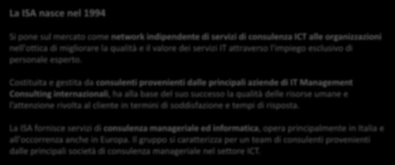 Costituita e gestita da consulenti provenienti dalle principali aziende di IT Management Consulting internazionali, ha alla base del suo successo la qualità delle risorse umane e l attenzione rivolta