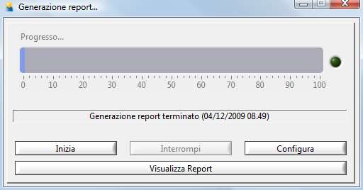 Nella scheda è possibile creare il report mediante il pulsante Inizia. Per configurare i parametri del report adoperare il pulsante Configura.