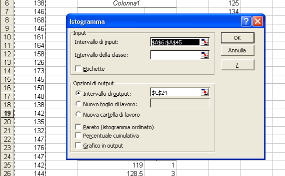 e aggiungiamo alla voce Intervallo della classe la colonna F6-F11 con i limiti destri