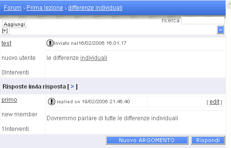 Cliccando sull argomento si arriva a vedere il testo dell intervento. Per rispondere all intervento si può cliccare su rispondi. Si apre la finestra sottostante che ci permette di immettere del testo.