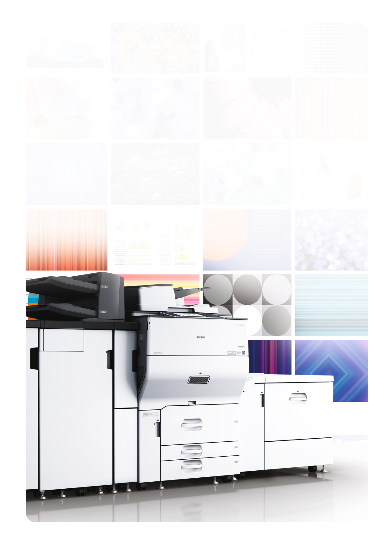 Trasformare la produzione dei documenti a colori in ufficio. MP C6502SP/MP C8002SP sono periferiche multifunzione Ricoh che offrono funzionalità innovative e tecnologia all'avanguardia.