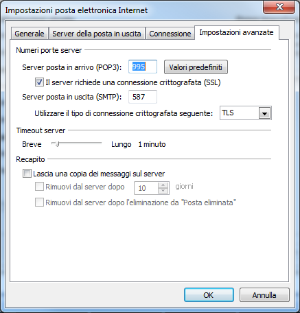 Cliccare poi successivamente su impostazioni avanzate e compilare Server di posta in arrivo (POP3) con 995 Spuntare il server richiede una connessione crittografata Server di posta in uscita (SMTP)