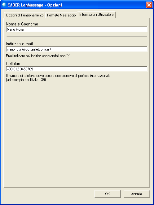 Scheda Informazioni utilizzatore L inserimento dei dati in questa finestra consente di ricevere le notifiche