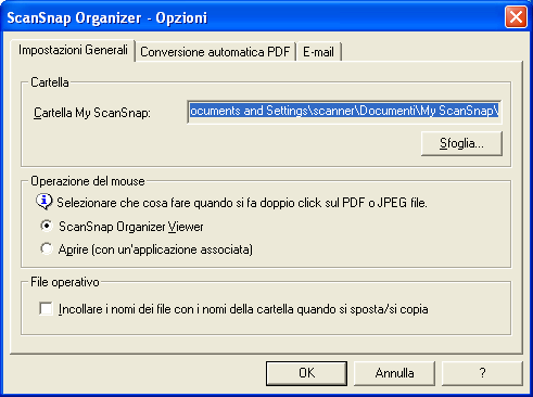 2. Operazioni di base <[Strumenti] menu> Strumenti Opzioni - Scheda [Impostazioni Generali] Si può specificare una cartella di destinazione, selezionare un operazione mouse e cambiare il nome ai file