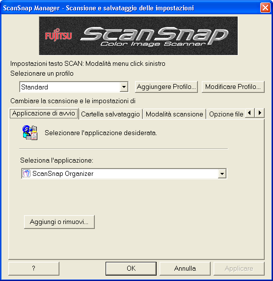 2. Selezionare "ScanSnap Organizer" dalla lista di selezione "Seleziona l'applicazione" sulla scheda Applicazione di avvio.