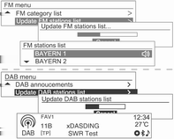 Sistema Infotainment 125 Menu FM/DAB elenco categorie FM/DAB Menu DAB Annunci DAB (solo per il modello tipo 1/2-A) Menù AM/FM/DAB Aggiorna elenco stazioni AM/FM/DAB Dal menu FM/menu DAB (solo per
