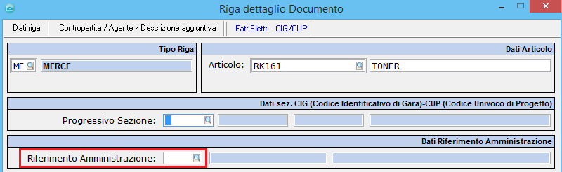 [In testata documento <1.2.6>]: flaggare l opzione se il riferimento amministrazione deve comparire nella sezione <1.2.6 Riferimento Amministrazione>; [In dettaglio documento <2.2.1.15>]: flaggare l opzione se il riferimento amministrazione deve comparire nella sezione <2.