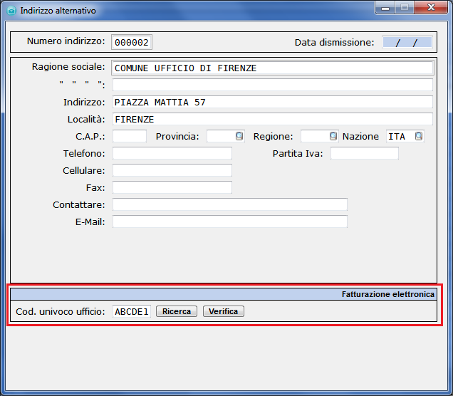 Nella versione 8.9.0 di Extra è stata implementata la possibilità di gestire il [Cod. Univoco Ufficio] anche all interno degli Indirizzi Alternativi.