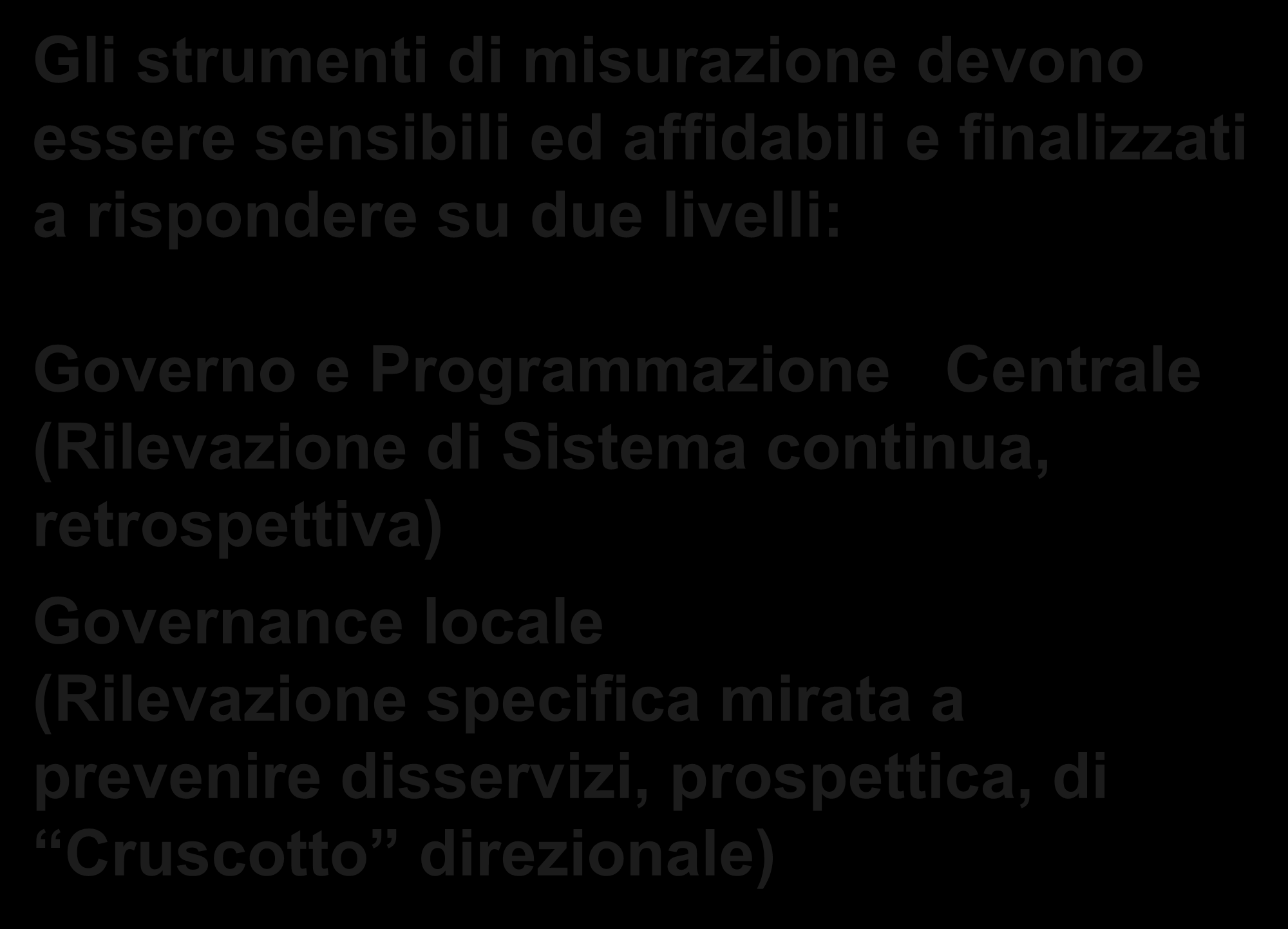 Gli strumenti di misurazione devono essere sensibili ed affidabili e finalizzati a rispondere su due livelli: Governo e Programmazione Centrale