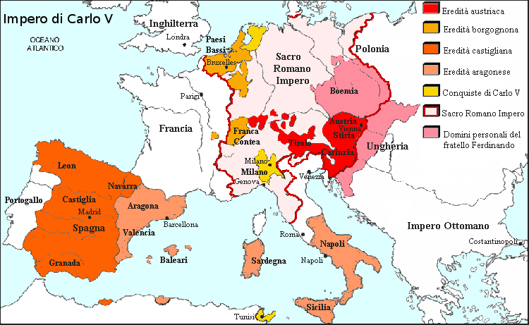 Principale protagonista europeo nel XVI era Carlo V: il suo regno si estendeva nei Paesi Bassi (1515), in Spagna, Italia