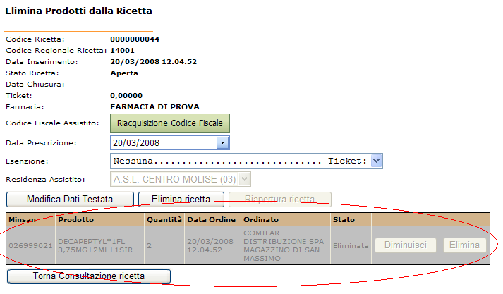 Figura 27: riga ricetta eliminata correttamente. Le righe eliminate restano visibili ma disabilitate.