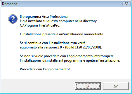 Il programma Setup.exe presenterà la seguente videata: L intestazione della videata (in alto a sinistra) deve essere Aggiornamento e non Installazione.