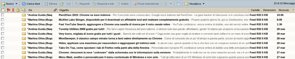 Illustrazione 82: Cartella Feed RSS 7. Accedendo alla cartella RSS, il suo contenuto sarà visualizzato nel riquadro dei contenuti. Illustrazione 83: Contenuto della cartella Feed RSS 8.