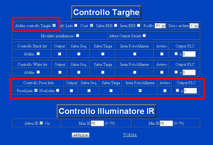 Nella pagina targhe configurare la telecamera nel modo seguente: Assicurarsi che abilita targhe sia abilitato assicurarsi che siano spuntate le voci Fuori lista invio foto/allarme Consiglio: visto