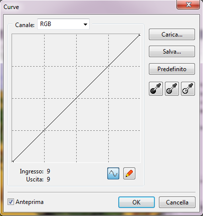 CURVE Il dialogo per regolare le curve viene visualizzato facendo clic su "Colori > Curve" nella Barra dei menu. A B C A. Luci B. Colori C. Ombre D E F G H D. Regola una curva aggiungendo punti E.