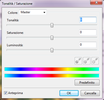 TONALITÀ / SATURAZIONE Il dialogo per regolare la tonalità e la saturazione viene visualizzato facendo clic su "Colori > Tonalità / Saturazione" nella Barra dei menu.